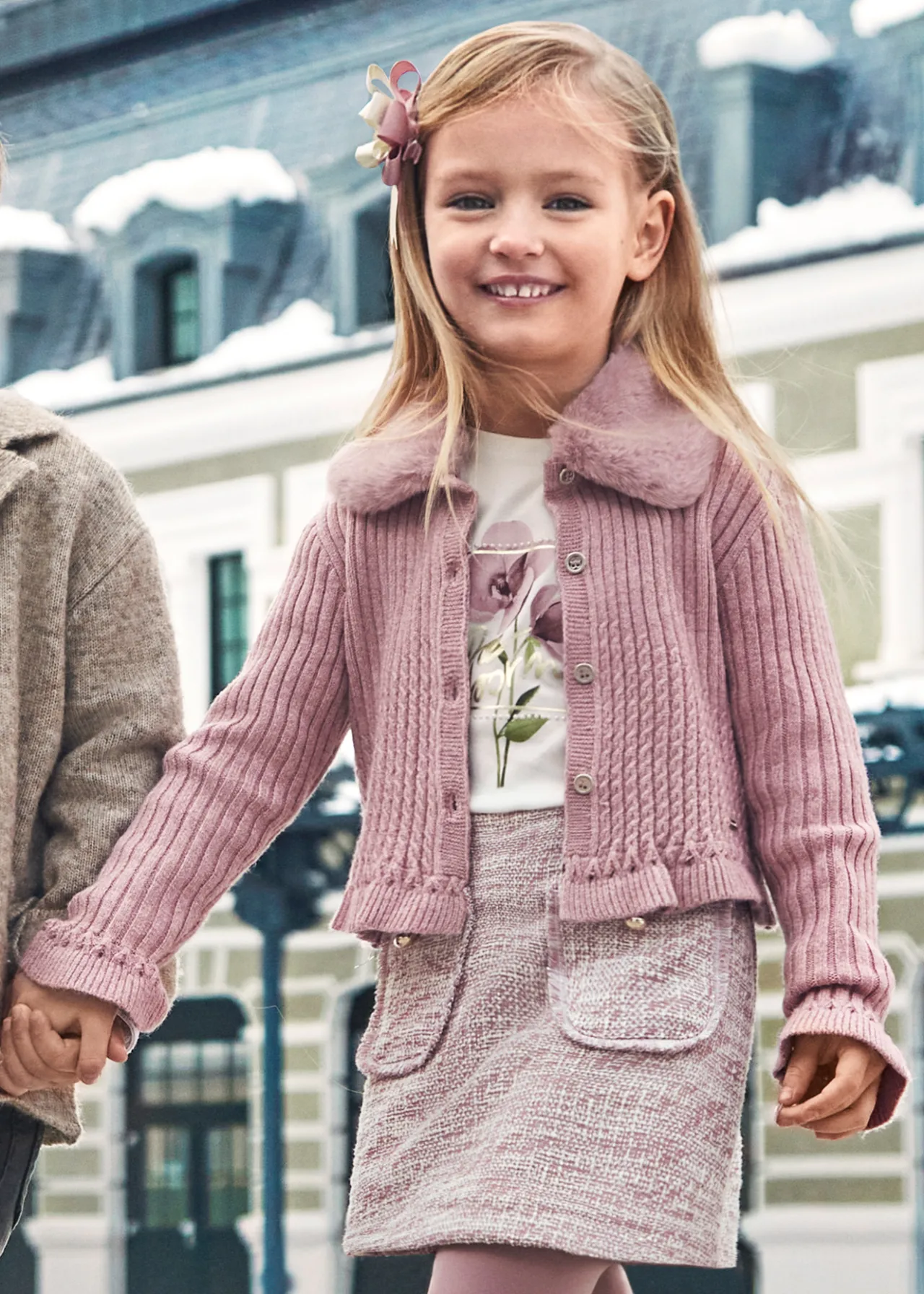 Cardigan in maglia colletto pellicciotto bambina^Mayoral Best
